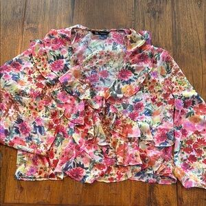 Zara XL Pink and Yellow Ruffled Blouse Spring Sheer Top